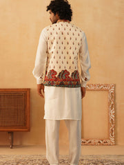 Paisley Printed Nehru Jacket With Solid Kurta Pyjama Set-JOKPWC-592W