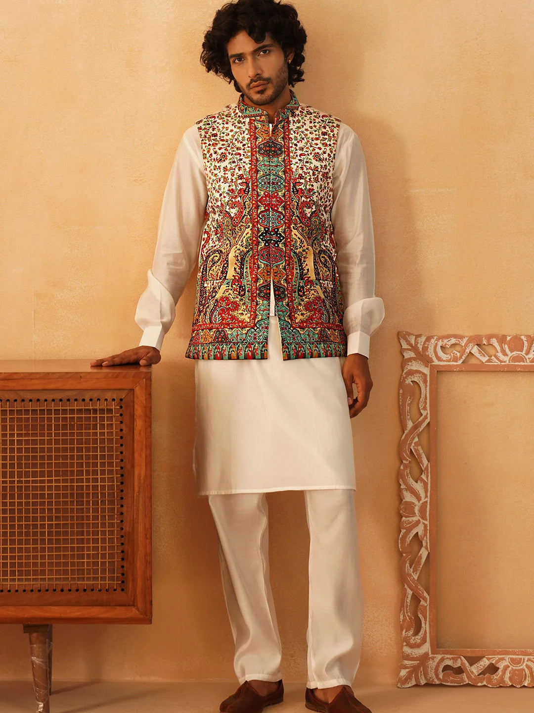Paisley Velvet Nehru Jacket with Mens Kurta Pajama Set - Cream