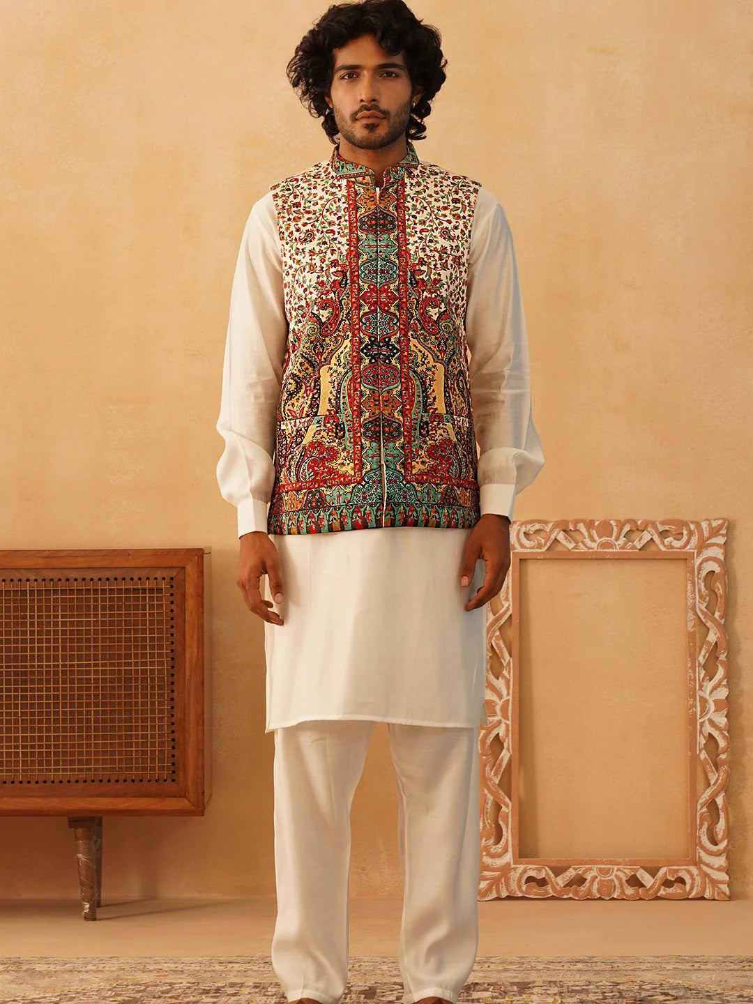 Paisley Velvet Nehru Jacket with Mens Kurta Pajama Set - Cream