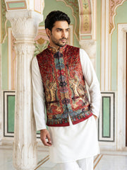 Paisley Printed Nehru Jacket With Solid Kurta Pyjama Set ( JOKPWC 592W 4108Maroon )