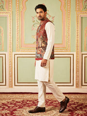 Paisley Printed Nehru Jacket With Solid Kurta Pyjama Set ( JOKPWC 592W 4108Maroon )