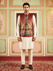 Paisley Printed Nehru Jacket With Solid Kurta Pyjama Set ( JOKPWC 592W 4108Maroon )