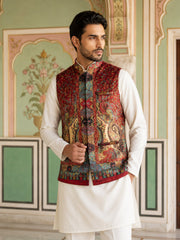 Paisley Printed Nehru Jacket With Solid Kurta Pyjama Set ( JOKPWC 592W 4108Maroon )