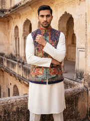 Paisley Printed Nehru Jacket With Solid Kurta Pyjama Set ( JOKPWC 592W 4108Navy )