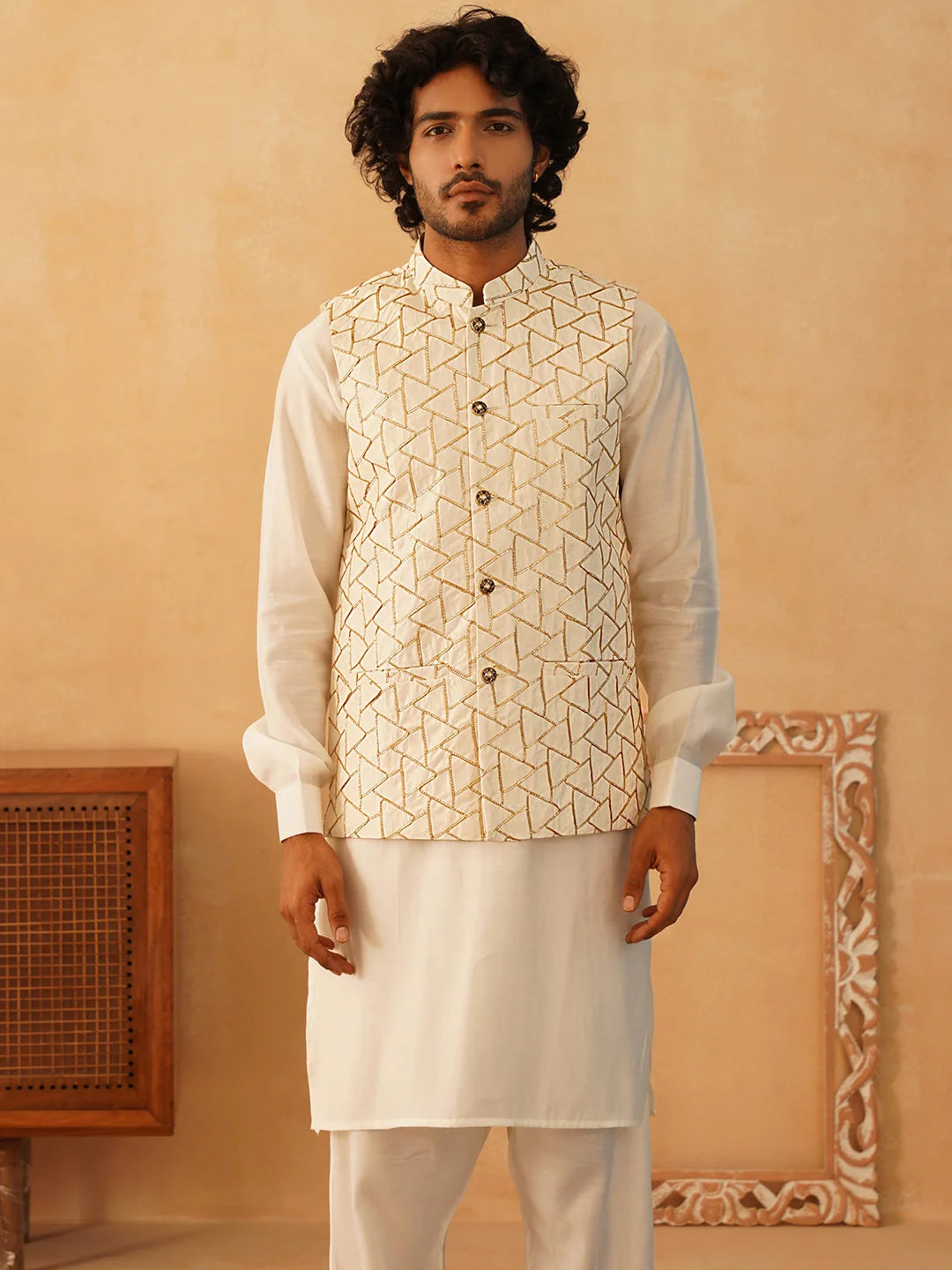 Embroidered Nehru Jacket With Solid Kurta Pyjama Set-JOKPC-592W