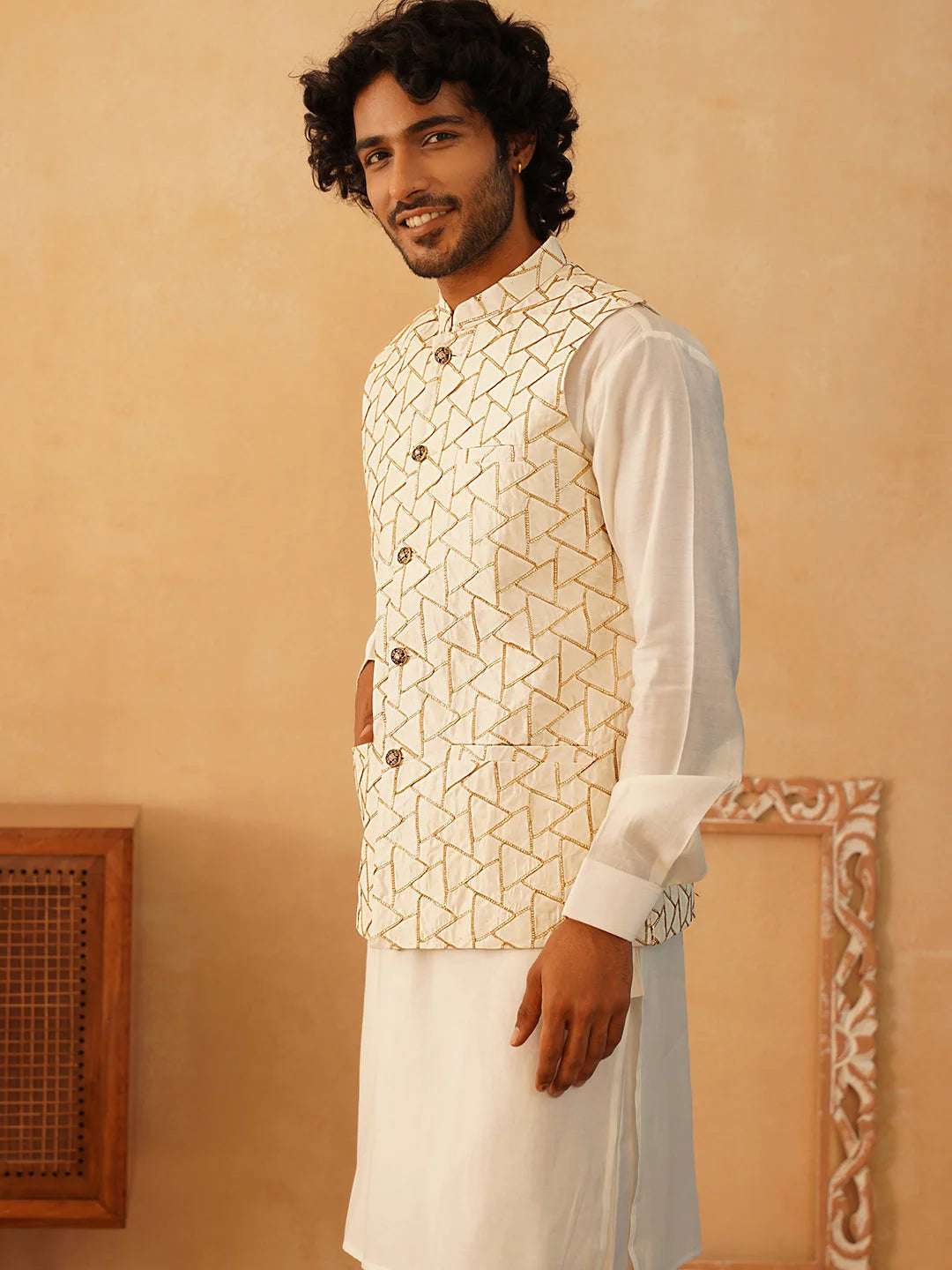 Cream Embroidered Kurta Pajama Set with Nehru Jacket for Men