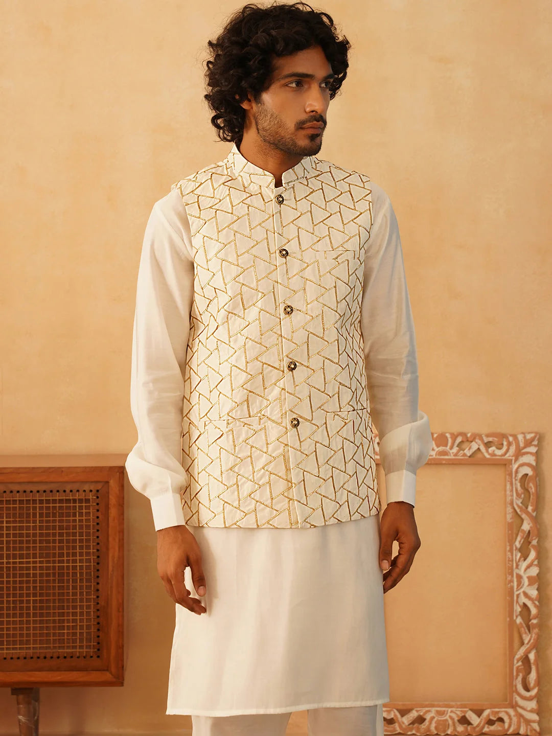 Cream Embroidered Kurta Pajama Set with Nehru Jacket for Men