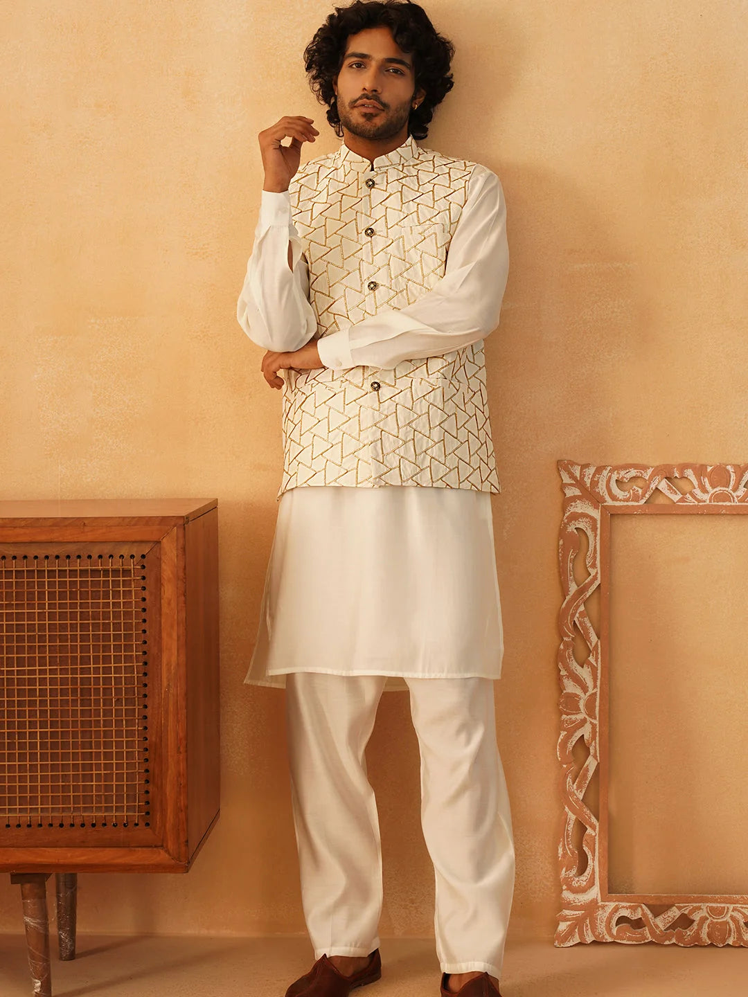 Cream Embroidered Kurta Pajama Set with Nehru Jacket for Men