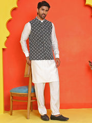 Embroidered Nehru Jacket With Solid Kurta Pyjama Set ( JOKPWC 592W 4110 Black )
