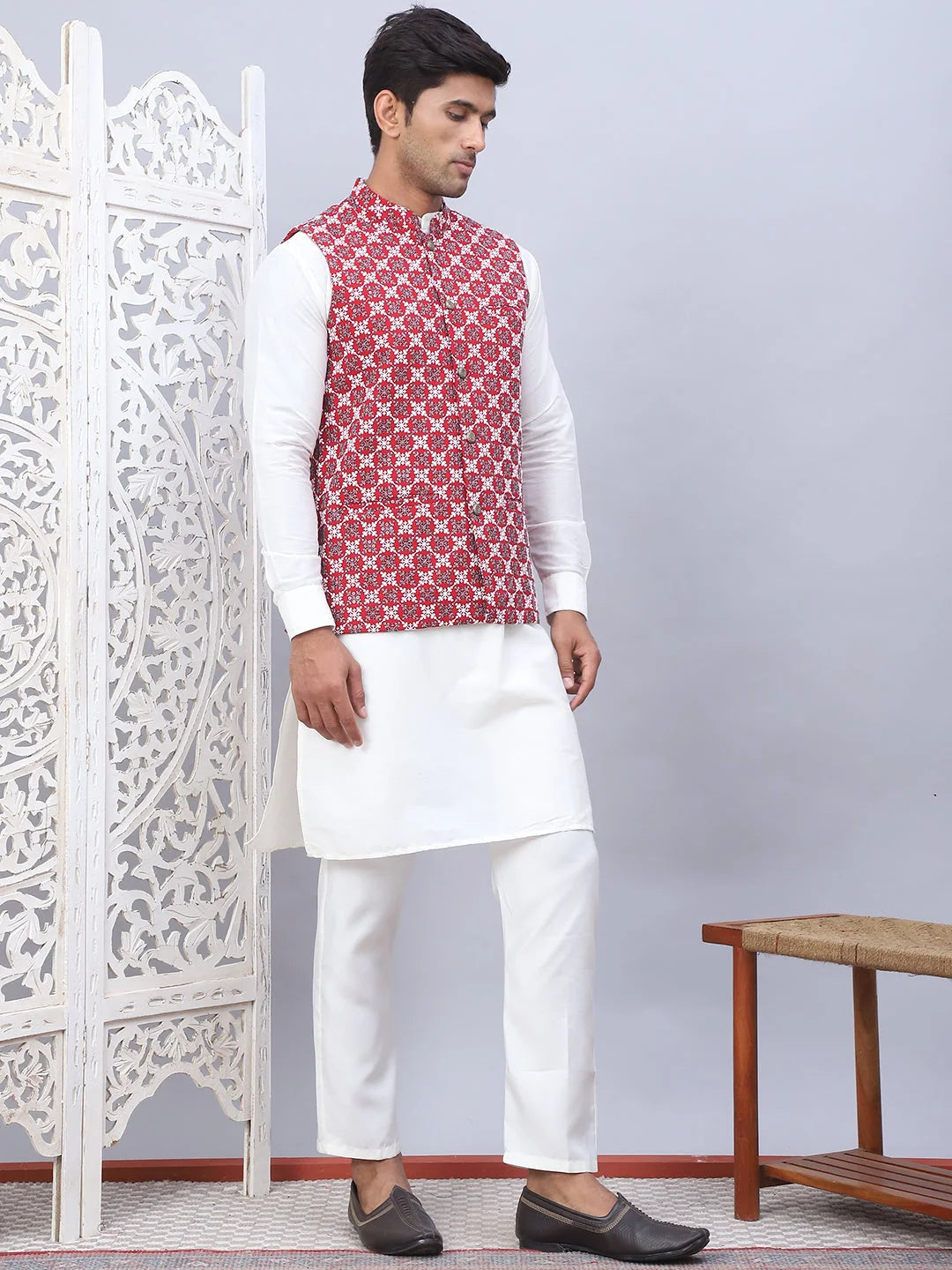Maroon Embroidered Nehru Jacket Mens Kurta Pajama Set | Solid