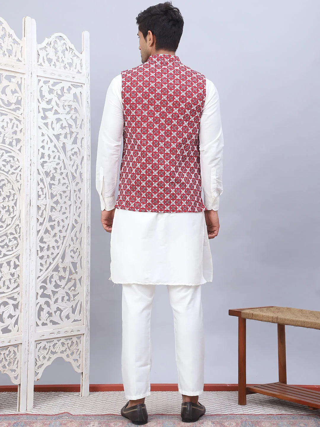 Maroon Embroidered Nehru Jacket Mens Kurta Pajama Set | Solid