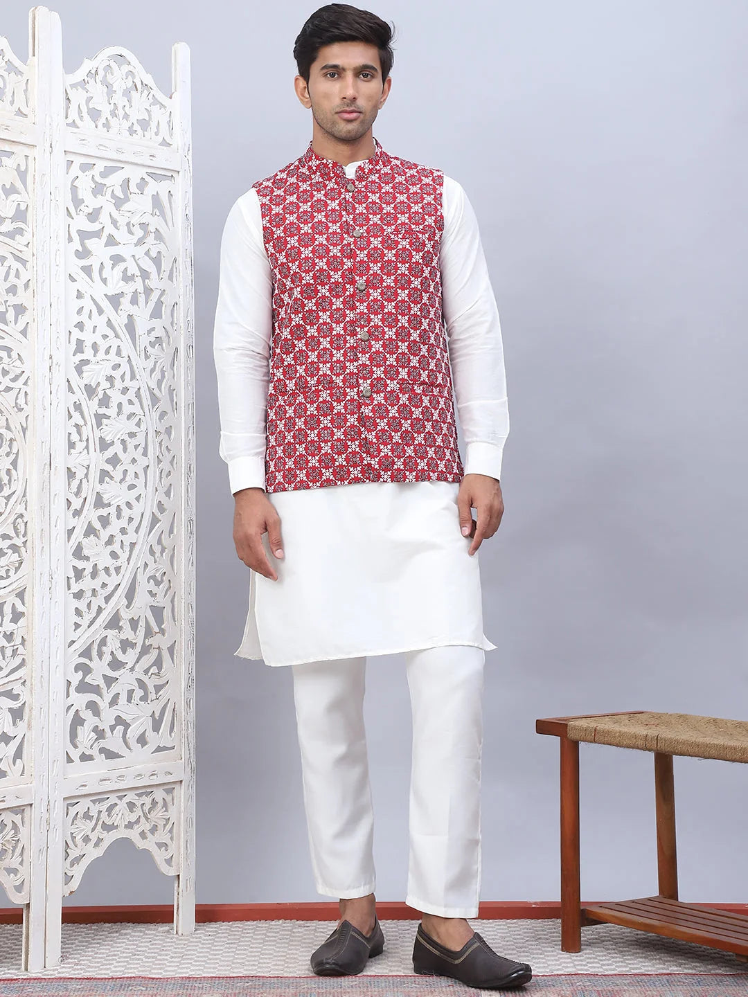 Maroon Embroidered Nehru Jacket Mens Kurta Pajama Set | Solid