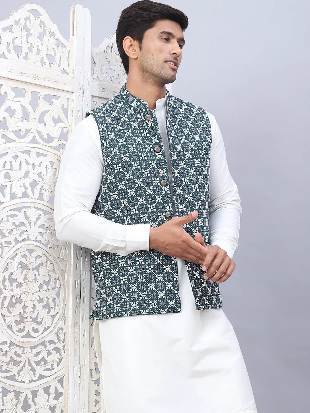 Embroidered Nehru Jacket With Solid Kurta Pyjama Set-JOKEPWC-592W