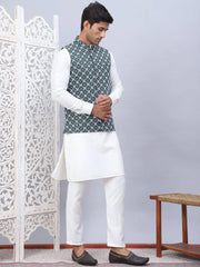 Embroidered Nehru Jacket With Solid Kurta Pyjama Set-JOKEPWC-592W