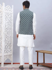 Embroidered Nehru Jacket With Solid Kurta Pyjama Set-JOKEPWC-592W