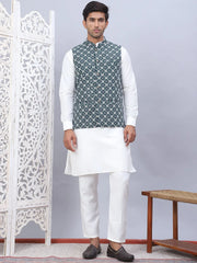 Embroidered Nehru Jacket With Solid Kurta Pyjama Set-JOKEPWC-592W