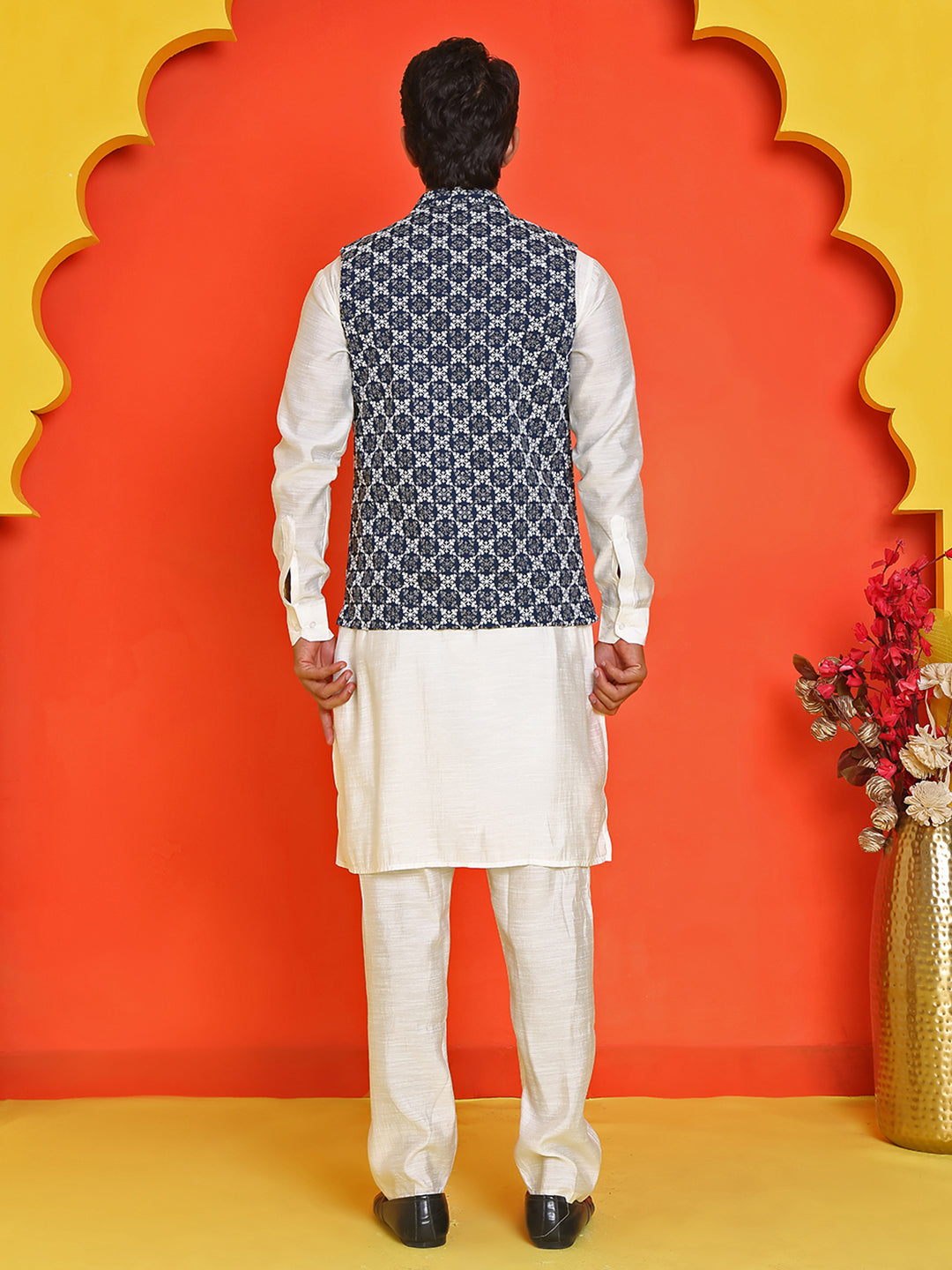 DesiQlo Men Embroidered Nehru Jacket and Kurta Pyjama S - JO eacock