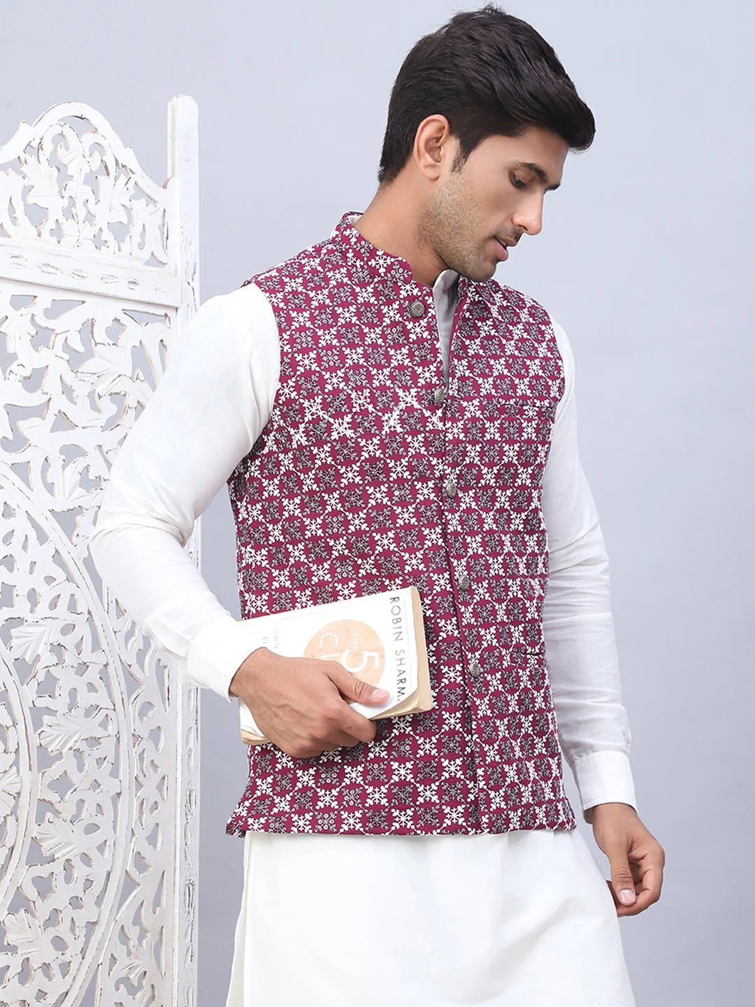 Embroidered Nehru Jacket With Solid Kurta Pyjama Set-JOKPYWC-592W