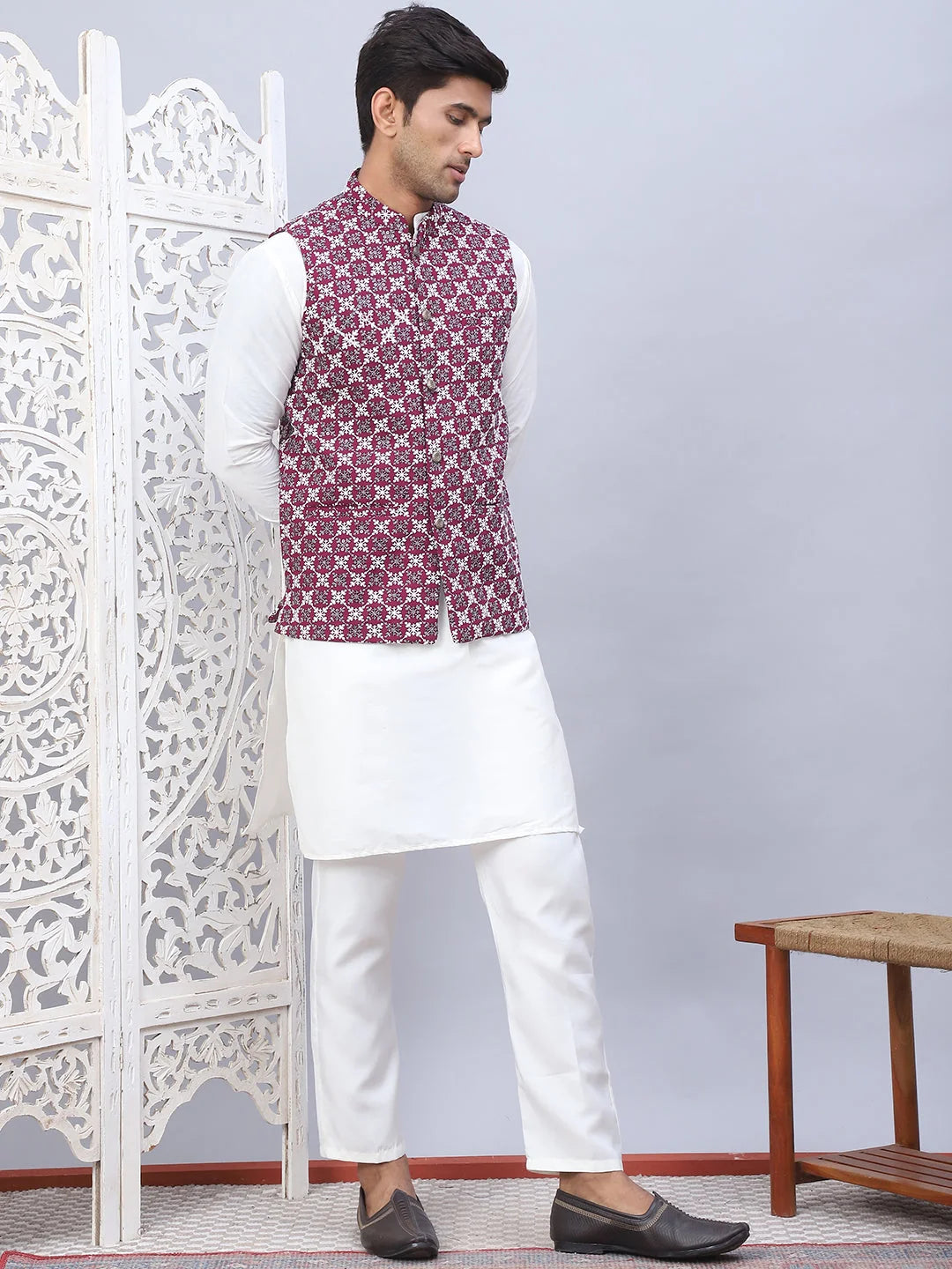 Purple Embroidered Nehru Jacket Mens Kurta Pajama Set | Solid