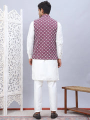 Embroidered Nehru Jacket With Solid Kurta Pyjama Set-JOKPYWC-592W
