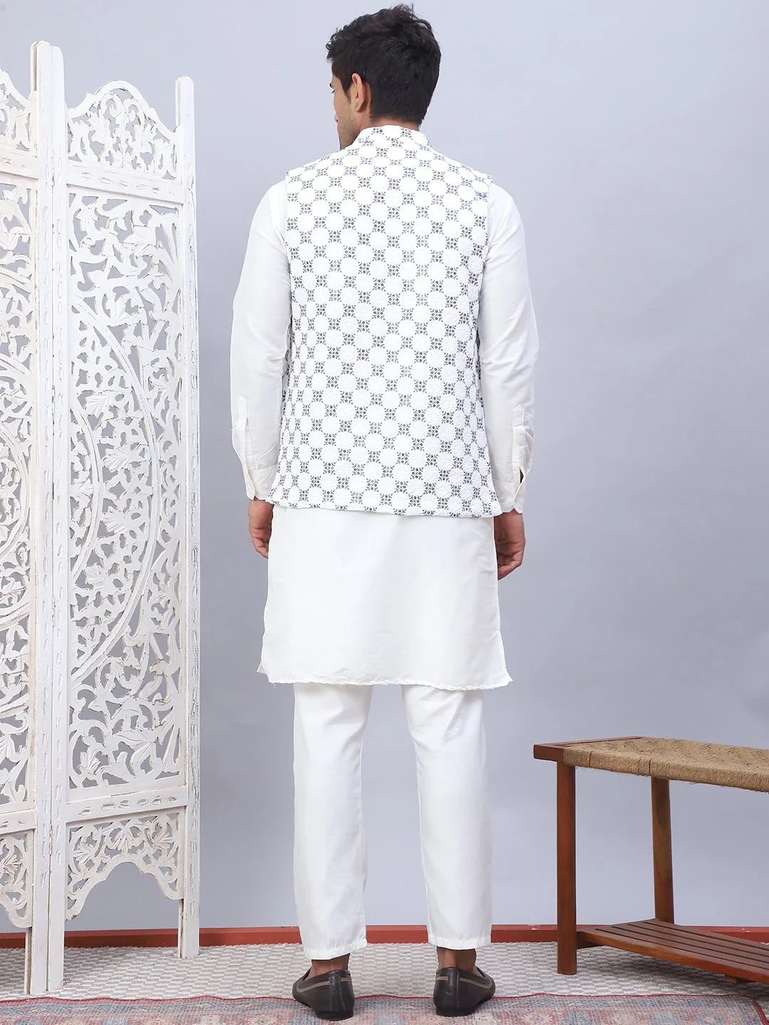 White Embroidered Nehru Jacket Mens Kurta Pajama Set | Solid