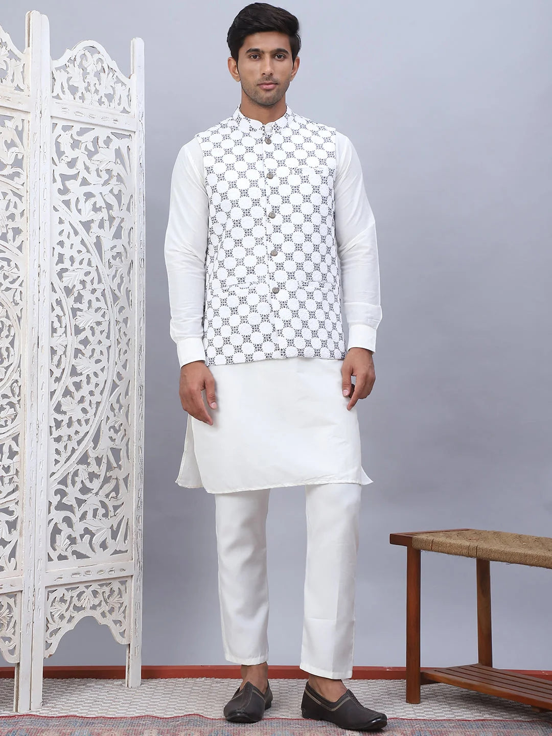 White Embroidered Nehru Jacket Mens Kurta Pajama Set | Solid