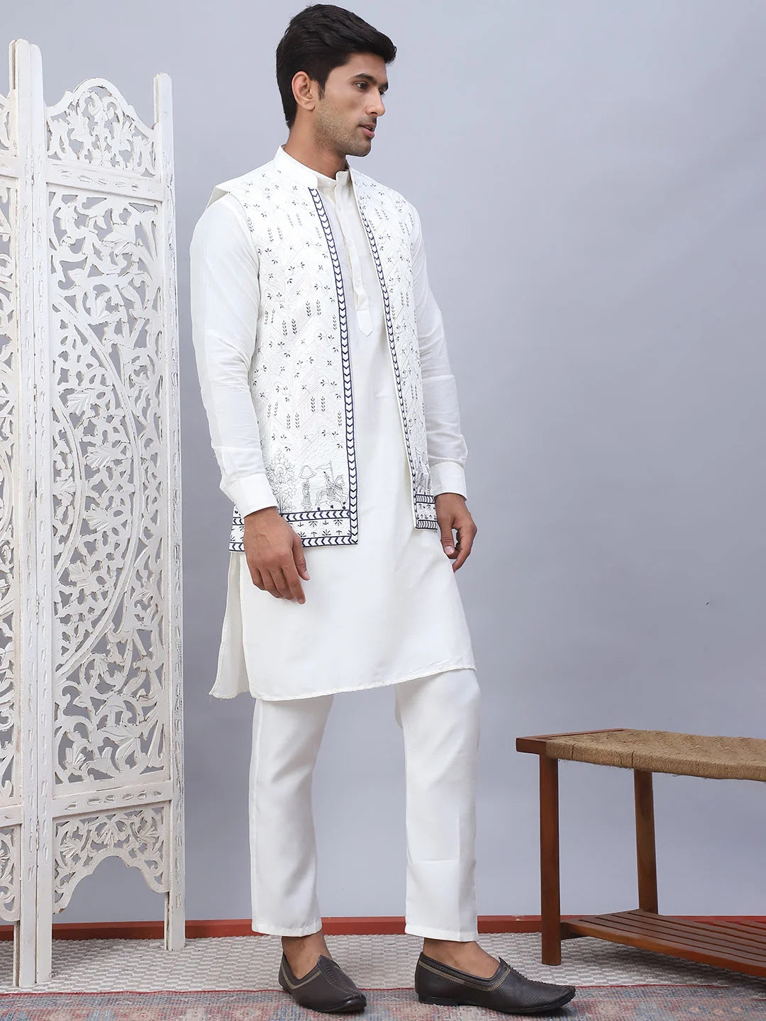White Embroidered Nehru Jacket Mens Kurta Pajama Set