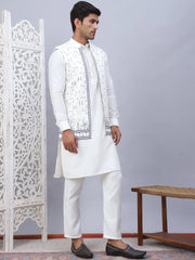 Embroidered Nehru Jacket With Solid Kurta Pyjama Set-JOKWC-592W