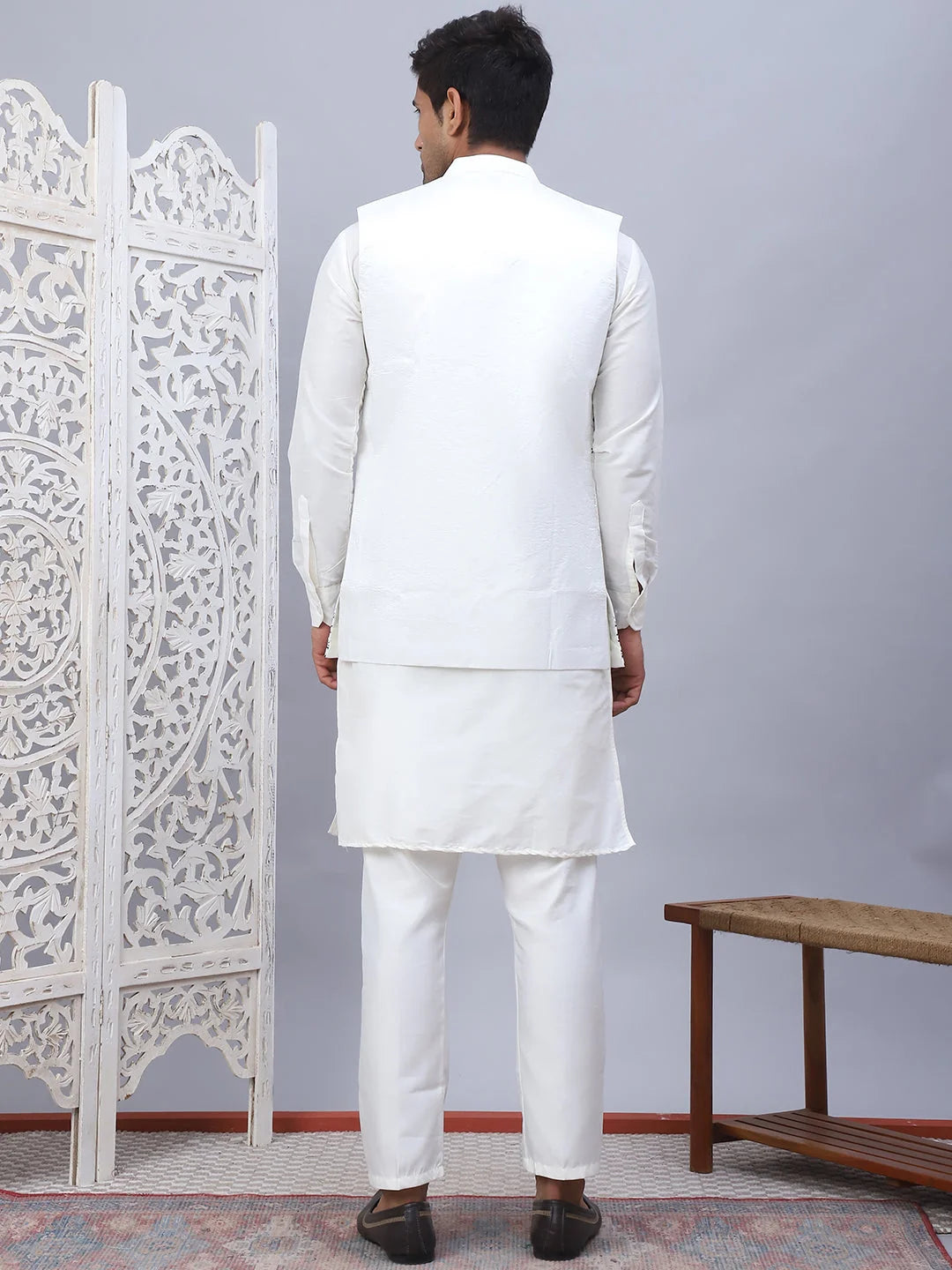 White Embroidered Nehru Jacket Mens Kurta Pajama Set