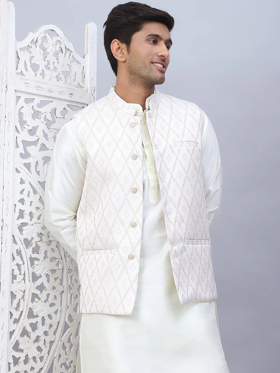 Embossed Nehru Jacket With Solid Kurta Pyjama Set-JOKPWC-592W
