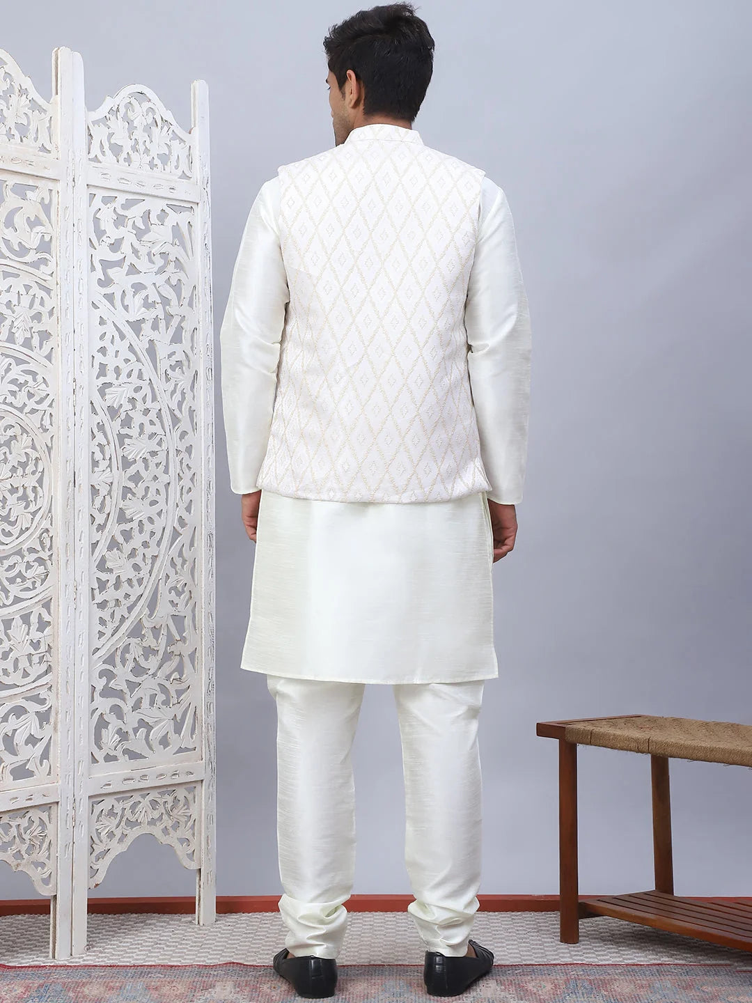 Cream Embossed Nehru Jacket Mens Kurta Pajama Set