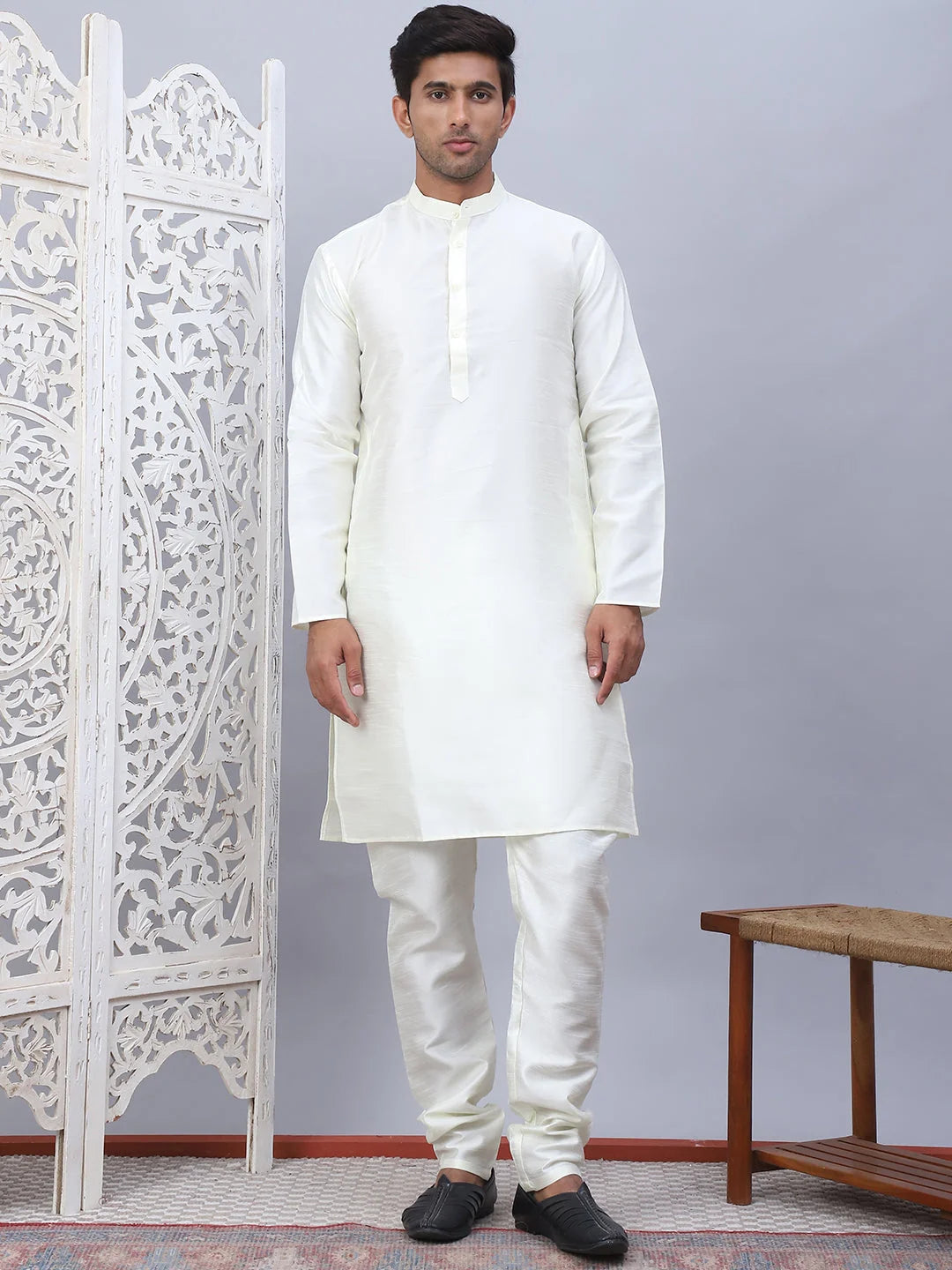 Cream Embossed Nehru Jacket Mens Kurta Pajama Set
