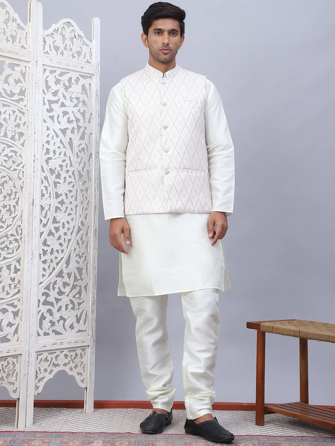 Cream Embossed Nehru Jacket Mens Kurta Pajama Set