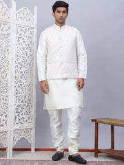 Embossed Nehru Jacket With Solid Kurta Pyjama Set-JOKPWC-592W