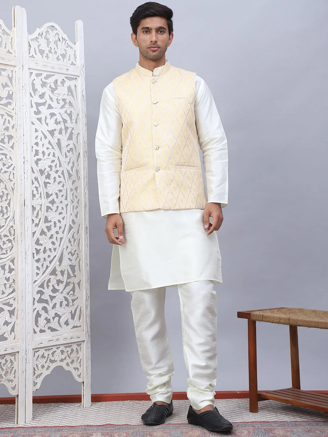 Golden Embossed Nehru Jacket Mens Kurta Pajama Set