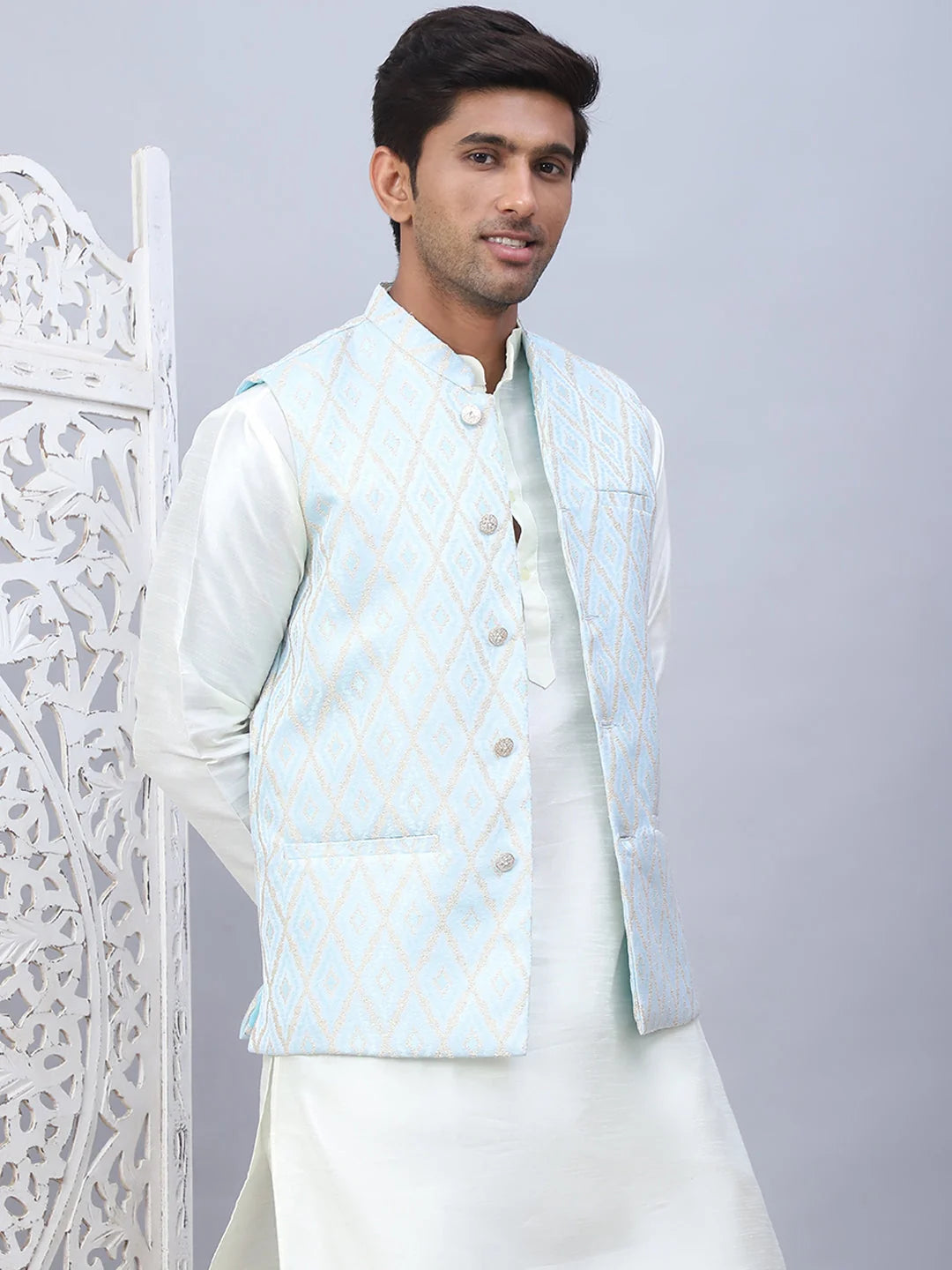 Sky Blue Embossed Nehru Jacket Mens Kurta Pajama Set