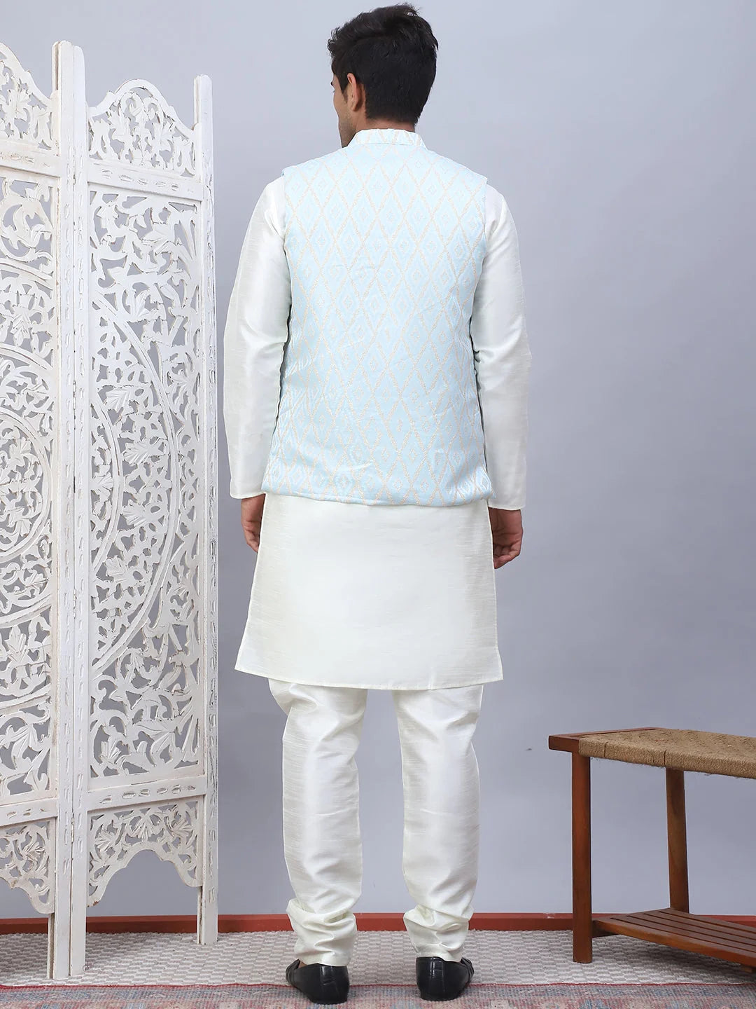 Sky Blue Embossed Nehru Jacket Mens Kurta Pajama Set