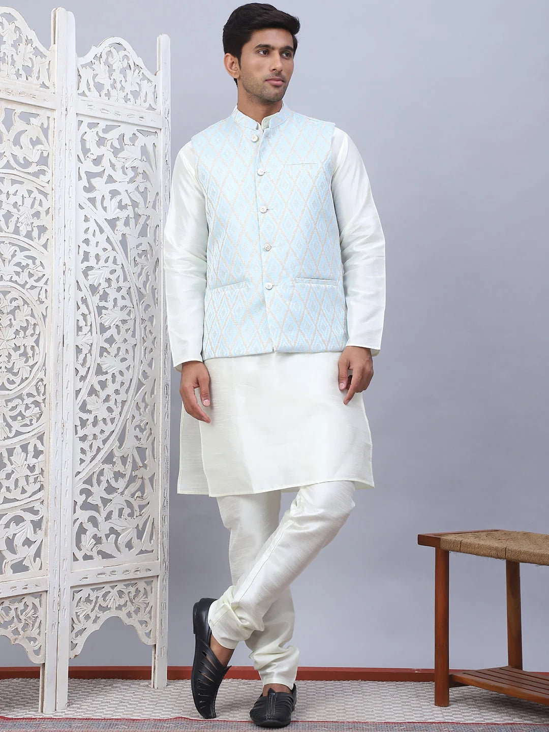 Sky Blue Embossed Nehru Jacket Mens Kurta Pajama Set