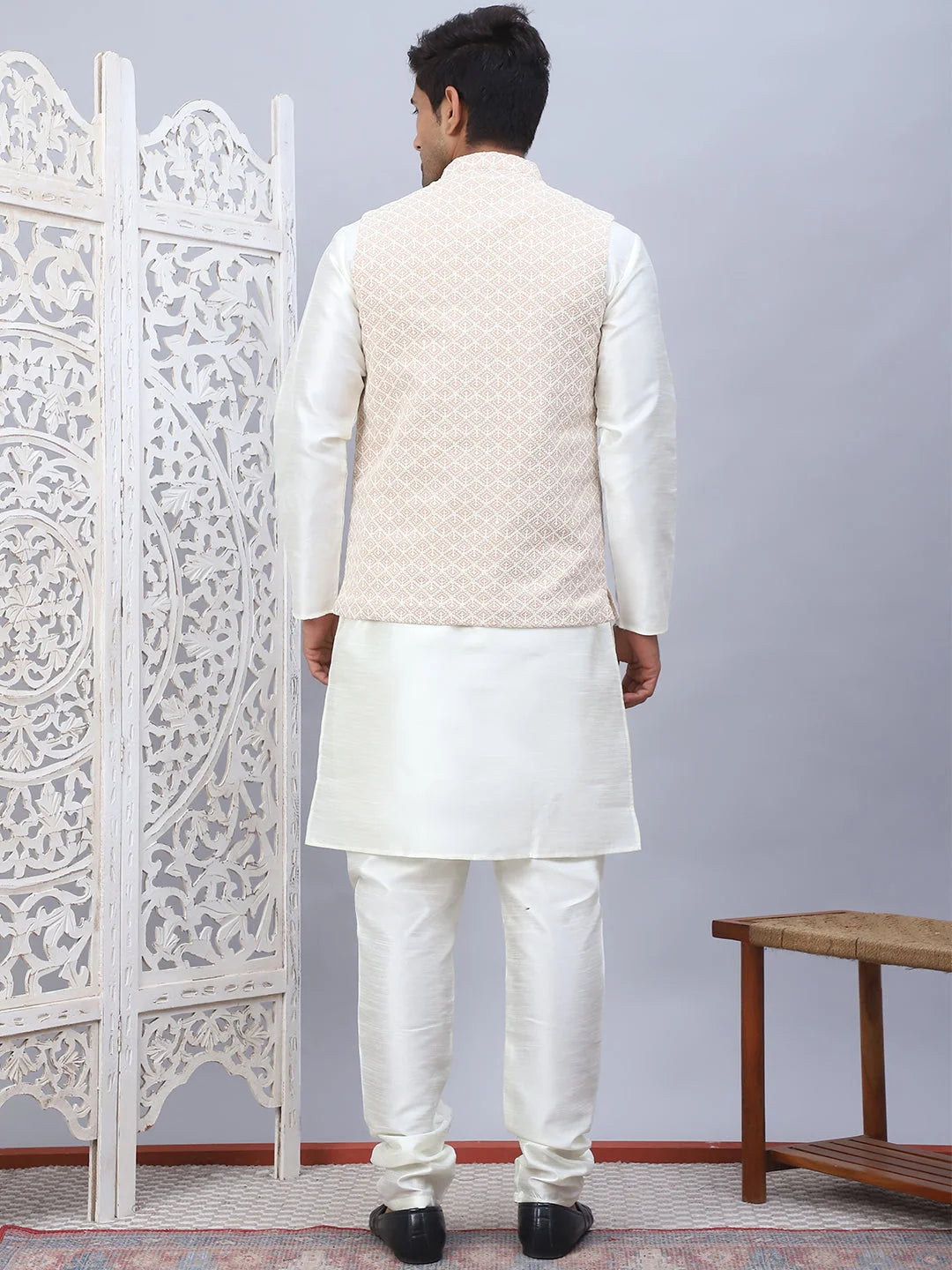Beige Embroidered Nehru Jacket Mens Kurta Pajama Set