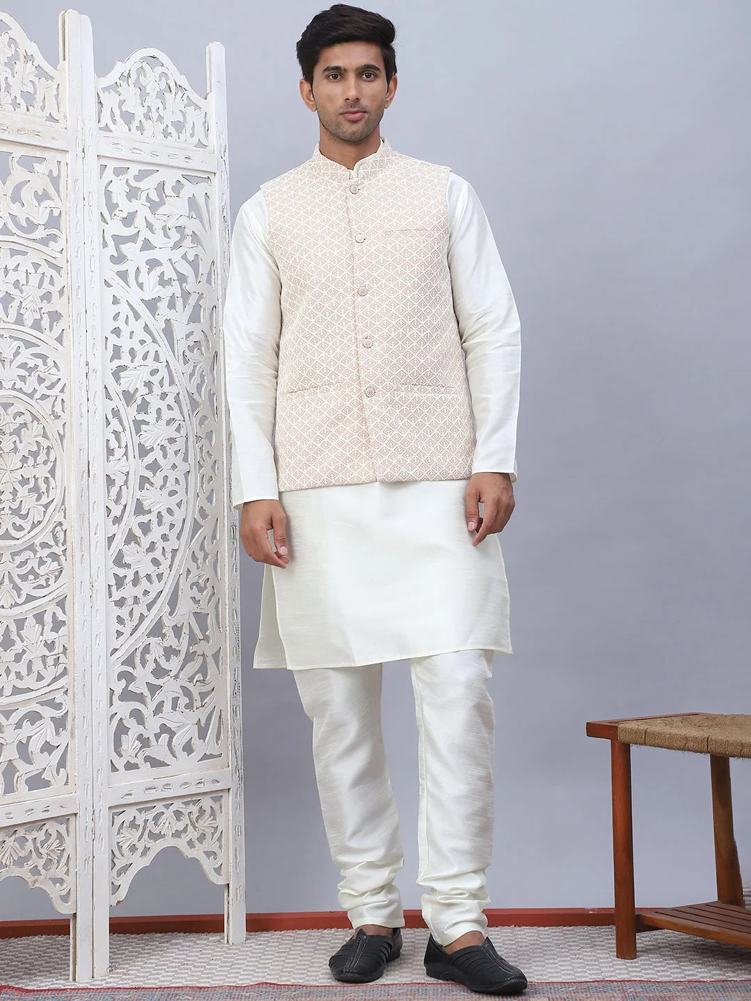 Beige Embroidered Nehru Jacket Mens Kurta Pajama Set
