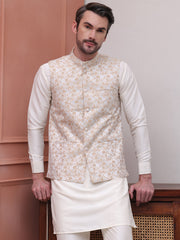 Men's Woven Design Nehru Jacket With Solid Kurta Pyjama ( JOKPWC 592W 4114White )