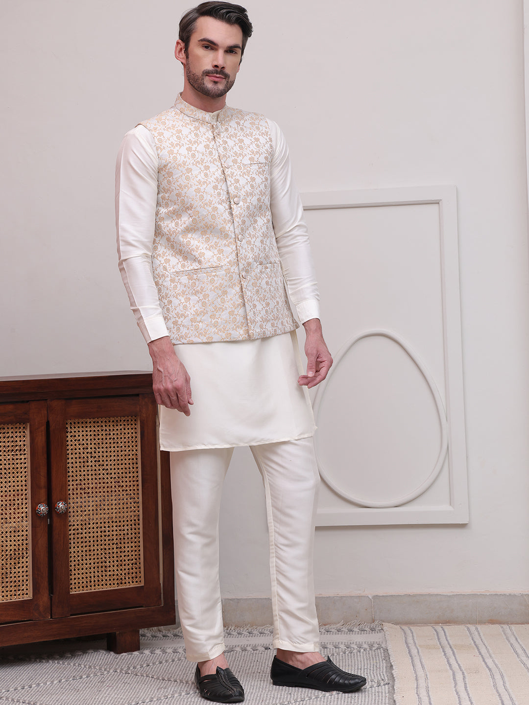 DesiQlo Men Woven Design Nehru Jacket and Kurta Pyjama  - JO 4white