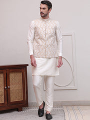 Men's Woven Design Nehru Jacket With Solid Kurta Pyjama ( JOKPWC 592W 4114White )