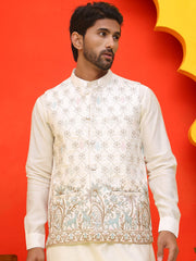 Embroidered Nehru Jacket With Solid Kurta Pyjama ( JOKPWC 592W 4124 White )