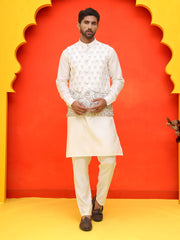 Embroidered Nehru Jacket With Solid Kurta Pyjama ( JOKPWC 592W 4124 White )