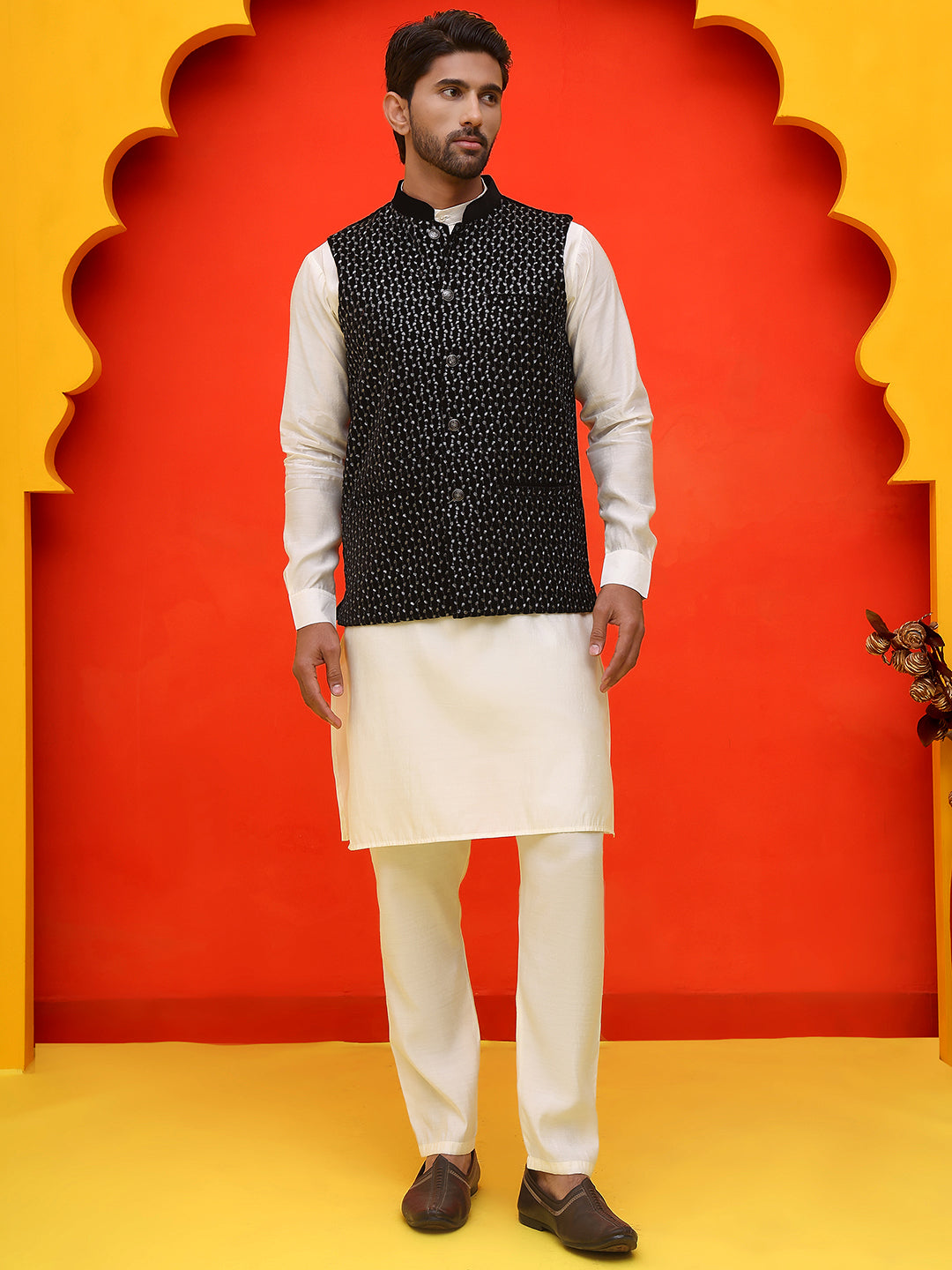 DesiQlo Men Embroidered Nehru Jacket and Kurta Pyjama S - JO 6bla 2