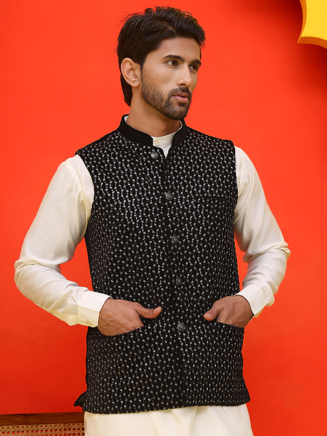 DesiQlo Men Embroidered Nehru Jacket and Kurta Pyjama S - JO 6bla 2