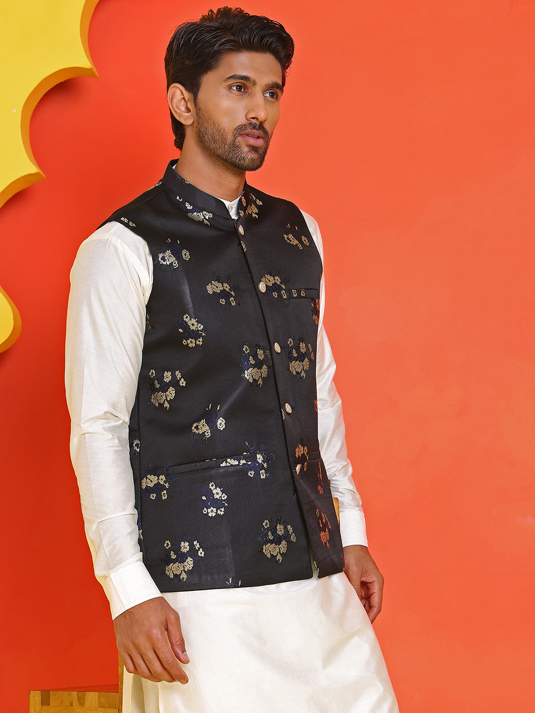 DesiQlo Men Self Design Nehru Jacket and Kurta Pyjama S - JOKPWC_592W_