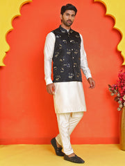 Embossed  Nehru Jacket With Solid Kurta Pyjama ( JOKPWC 592W 4130 Black )