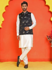 Embossed  Nehru Jacket With Solid Kurta Pyjama ( JOKPWC 592W 4130 Black )